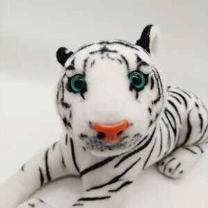 Rugged Rare White Tiger Plush White Black Stripe Blue Eyes Laying Down 14"